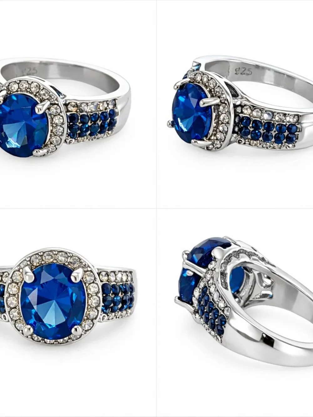 Size 10 Silver Plated Blue Gemstone Halo Ring